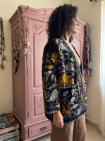 Zwart Geborduurde Fluwelen handgemaakte Suzani Kimono Jas