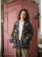 Zwart Geborduurde Fluwelen handgemaakte Suzani Kimono Jas