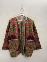 Olijfgroene Geborduurde Fluwelen Suzani Kimono Jas
